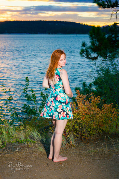 Shannon, redhead, dress, lake, sunset, barefoot