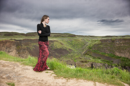 Tessa, waterfall, dress, sweater, cliff